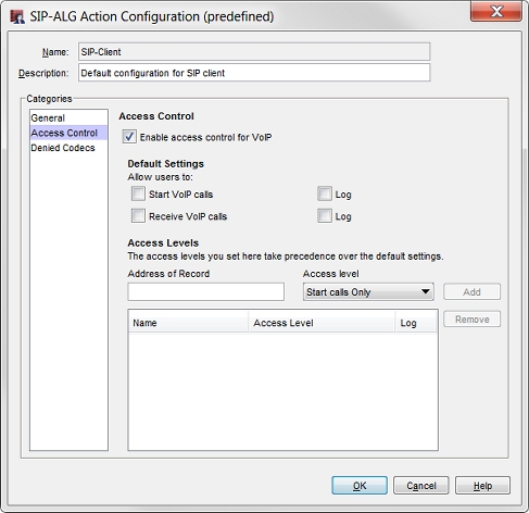 Captura de pantalla de la casilla de diálogo Configuración de Acción SIP-ALG, página Control de Acceso