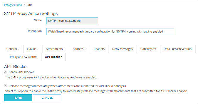 Captura de pantalla de la página Editar Acción de Proxy SMTP, configuración de APT Blocker