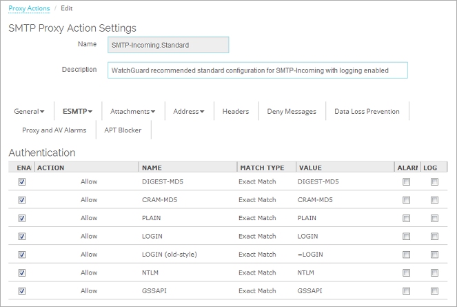 Captura de pantalla de la configuración de Autenticación ESMTP