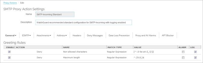 Captura de pantalla de la página Editar la acción del Proxy SMTP, Configuración de las Reglas de Saludo