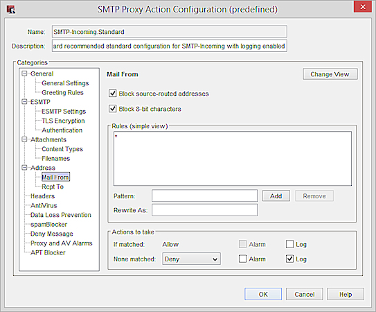 Captura de pantalla de la página Acción Proxy Editar SMTP Entrante, Dirección > Categoría de Correo Desde