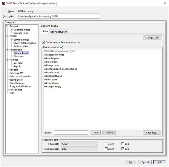 Captura de pantalla del cuadro de diálogo Configuración de acción de proxy SMTP, categoría Tipos de Contenido