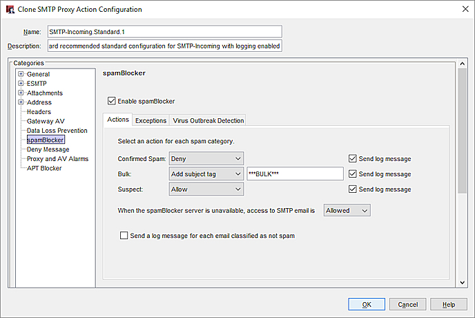 Captura de pantalla de los ajustes de spamBlocker para una acción de proxy SMTP en Policy Manager