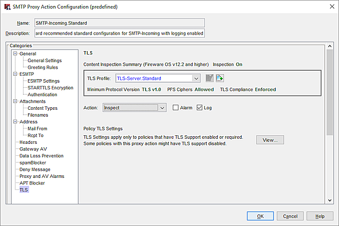 Captura de pantalla de los ajustes TLS en una acción de proxy SMTP en Policy Manager