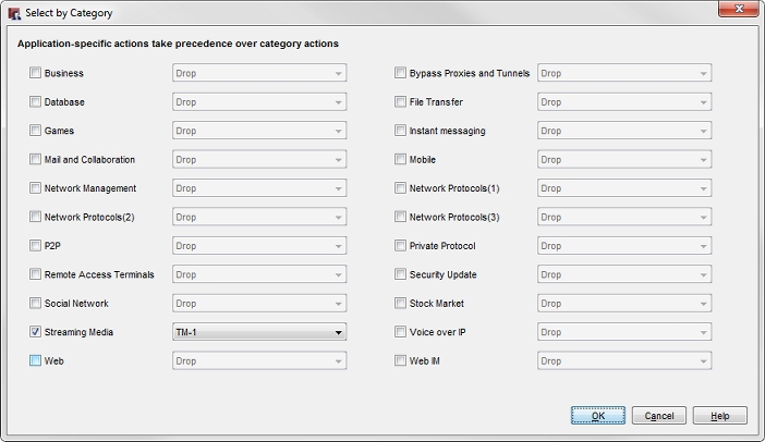 Captura de pantalla del cuadro de diálogo Seleccionar por Categoría con Medios de Transmisión configurado para utilizar la acción de Administración de Tráfico