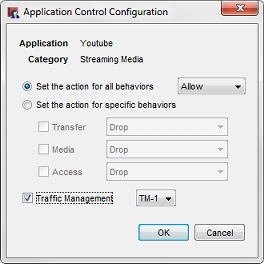 Captura de pantalla del cuadro de diálogo Configuración de Application Control con Administración de Tráfico habilitada