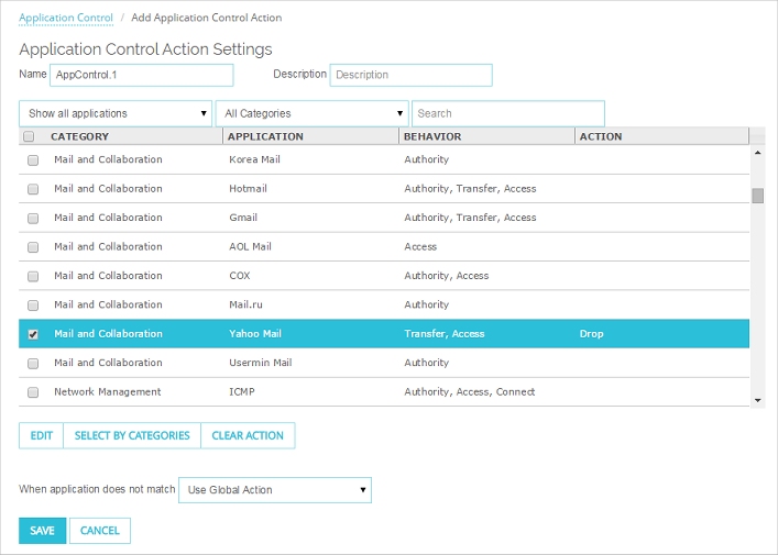 Captura de pantalla de la página de Configuración de acciones de Application Control
