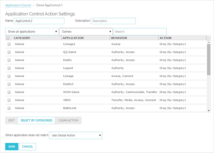 Captura de pantalla del cuadro de diálogo Acción Nueva de Application Control con aplicaciones bloqueadas por categoría