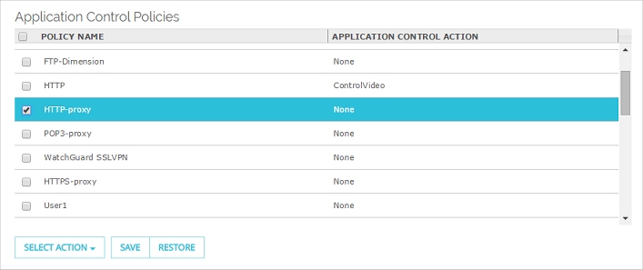 Captura de pantalla de la sección de Políticas de Application Control de la página de Application Control
