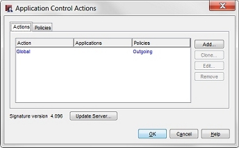 Captura de pantalla del cuadro de diálogo Acciones de Application Control