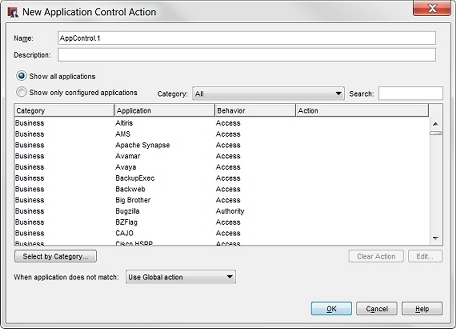 Captura de pantalla del cuadro de diálogo Acción Nueva de Application Control