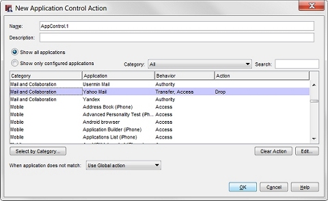 Captura de pantalla del cuadro de diálogo Acción Nueva de Application Control, con acciones configuradas
