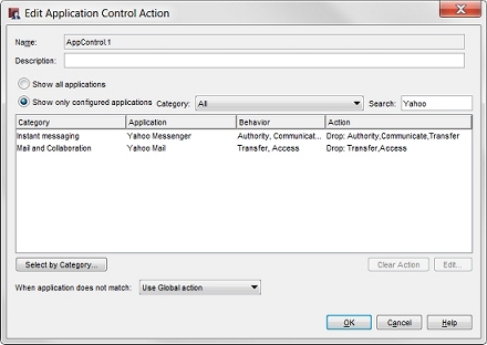 Captura de pantalla del cuadro de diálogo Editar Acción de Application Control