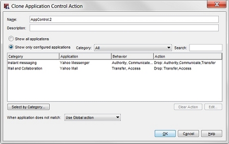 Captura de pantalla del cuadro de diálogo Clonar Acciones de Application Control
