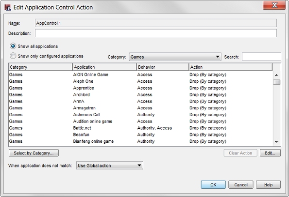 Captura de pantalla del cuadro de diálogo Acción Nueva de Application Control con aplicaciones bloqueadas por categoría