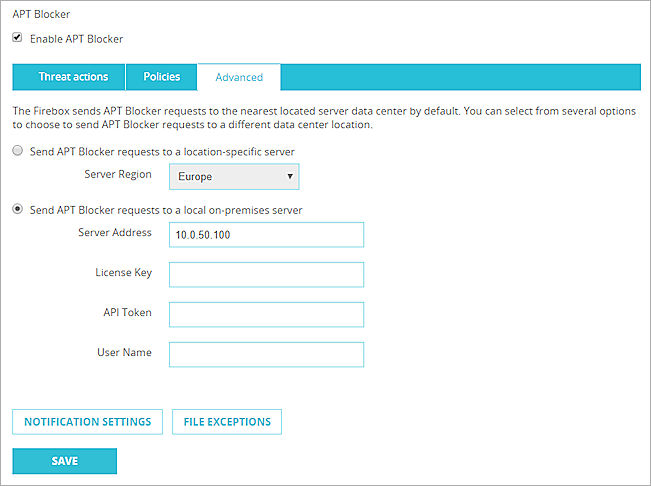 Captura de pantalla de la pestaña configuración de APT Blocker - Pestaña Avanzada en la Fireware Web UI