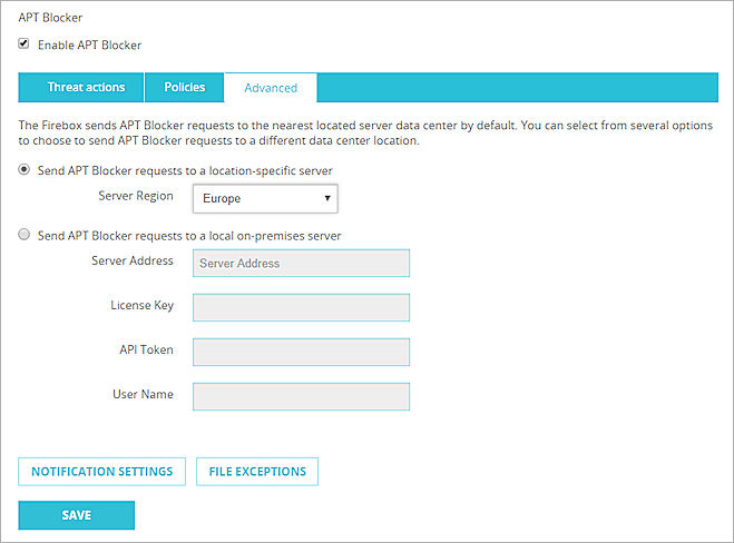 Captura de pantalla de la pestaña configuración de APT Blocker - Pestaña Avanzada en la Fireware Web UI