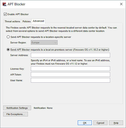 Captura de pantalla de la pestaña Avanzada en la página de configuración de APT Blocker en Policy Manager