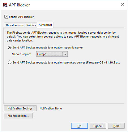 Captura de pantalla de la pestaña configuración de APT Blocker - Pestaña Avanzada en Policy Manager