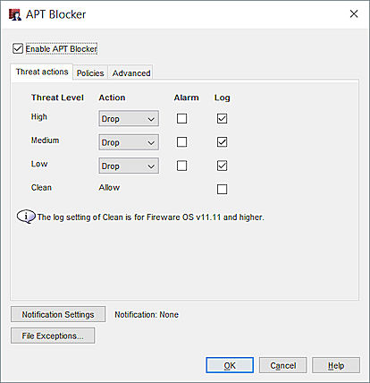 Captura de pantalla del cuadro de diálogo Servicio APT Blocker - pestaña Configuración