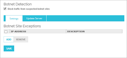 Captura de pantalla de la página Detección de Botnet