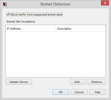 Captura de pantalla del cuadro de diálogo Detección de Botnet