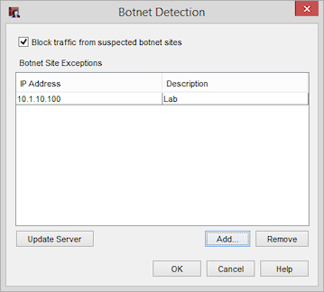 Captura de pantalla del cuadro de diálogo de Excepciones de Sitio Botnet