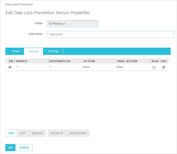 Captura de pantalla de Editar Data Loss Prevention, pestaña Acciones