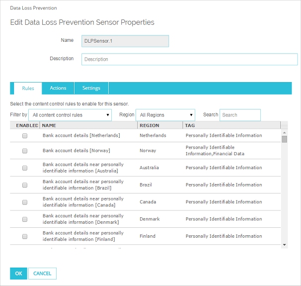 Captura de pantalla de Data Loss Prevention, pestaña Reglas