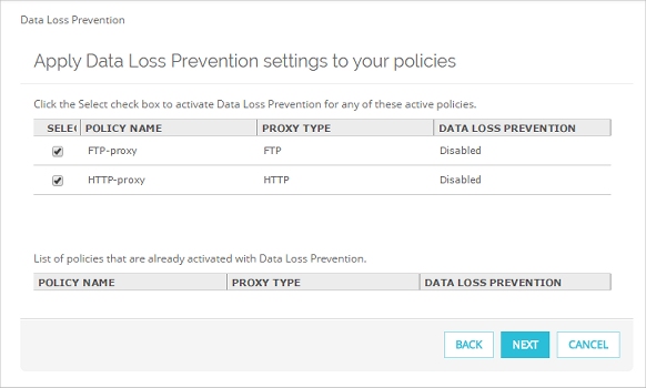 Captura de pantalla de la página Data Loss Prevention Wizard, Políticas