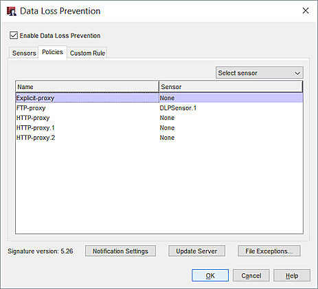 Captura de pantalla del cuadro de diálogo Data Loss Prevention, pestaña Políticas