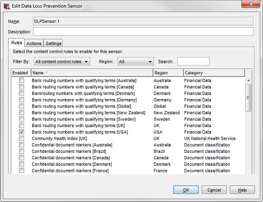 Captura de pantalla del cuadro de diálogo Editar Sensor de Data Loss Prevention, pestaña Reglas