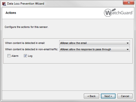 Captura de pantalla de Data Loss Prevention Wizard, configuración de acciones