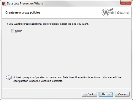 Captura de pantalla del Data Loss Prevention Wizard, paso Crear nuevas políticas de proxy