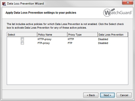 Captura de pantalla del cuadro de diálogo de políticas del Data Loss Prevention Wizard