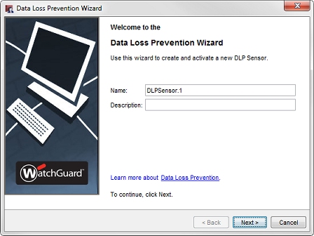 Captura de pantalla del cuadro de diálogo de Bienvenida del Data Loss Prevention Wizard