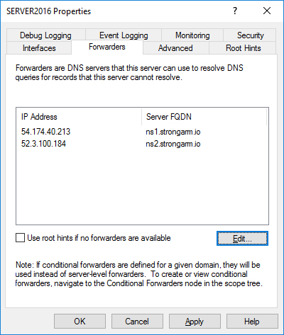 Captura de pantalla de la configuración de los Reenviadores DNS en Windows Server 2016