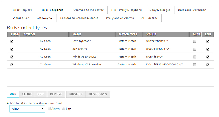 Captura de pantalla de las reglas de Tipos de Contenido del Cuerpo en una acción de Proxy HTTP en la Fireware Web UI