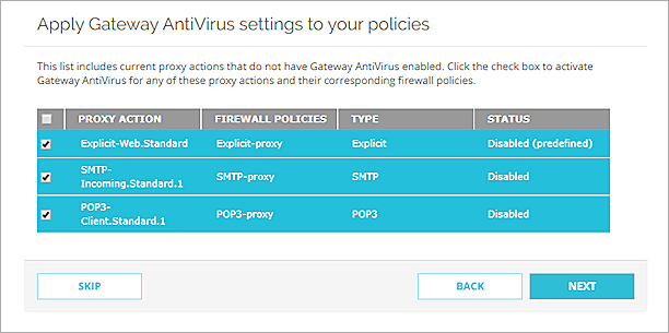 Captura de pantalla del paso Aplicar la configuración de Gateway AntiVirus a sus políticas en la Fireware Web UI