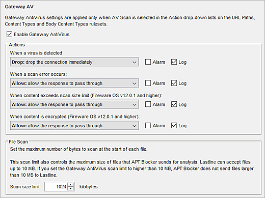 Captura de pantalla de los ajustes de Gateway AV en una acción de proxy en Policy Manager