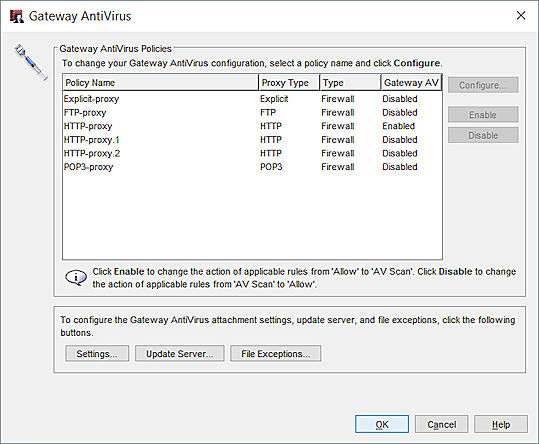 Captura de pantalla del cuadro de diálogo Gateway AntiVirus