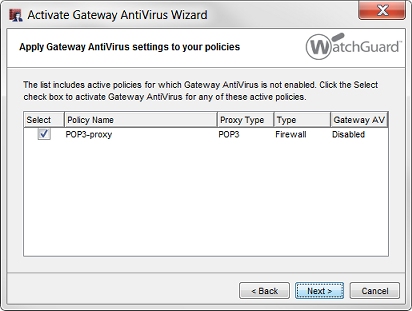 Captura de pantalla del cuadro de diálogo del Asistente Activar Gateway AntiVirus en Policy Manager