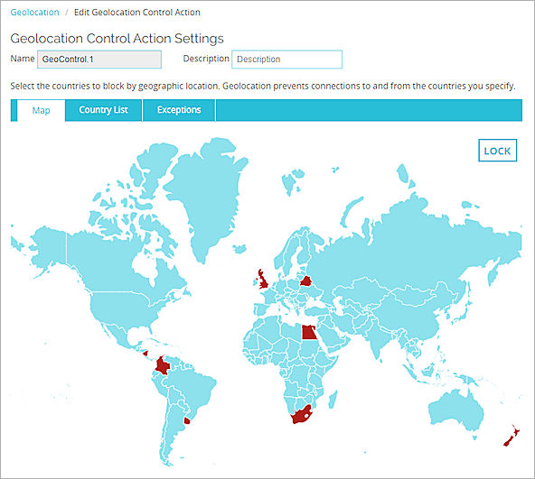 Captura de pantalla de la pestaña Mapa de Bloqueo de Geolocation en Fireware Web UI