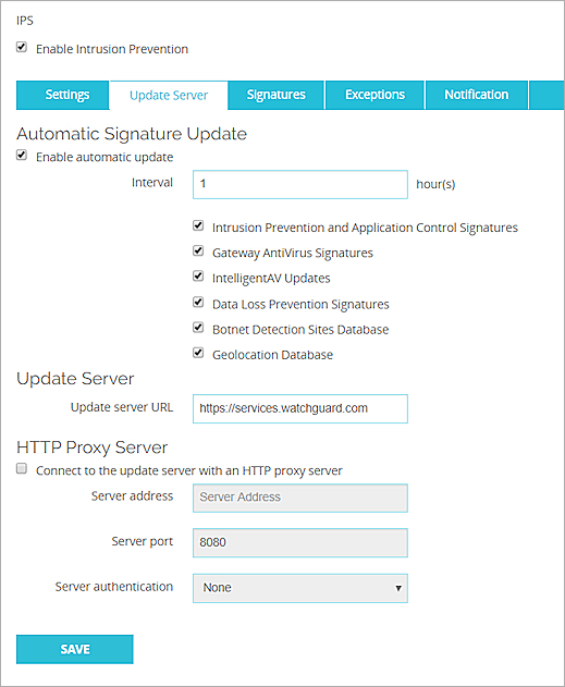 Captura de pantalla de la página IPS, pestaña Servidor de Actualizaciones