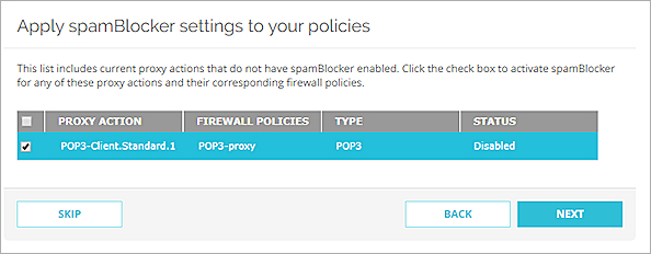 Captura de pantalla del asistente de spamBlocker en Fireware Web UI