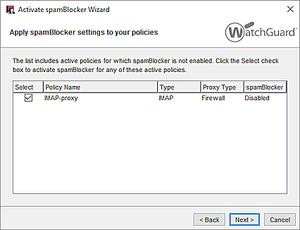 Captura de pantalla del paso Aplicar configuración de spamBlocker a sus políticas
