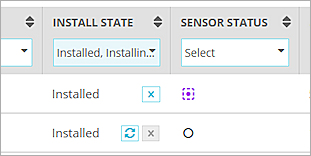 Captura de pantalla de las columnas Estado de Instalación y Estado del Sensor para un host contenido