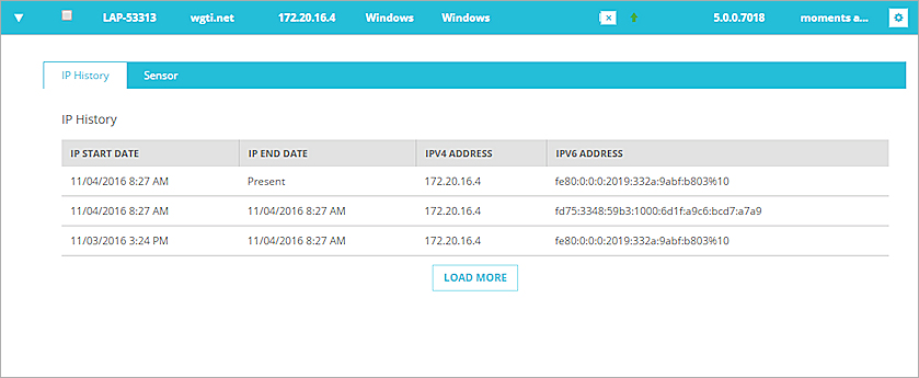 Captura de pantalla del Historial de IP para un host