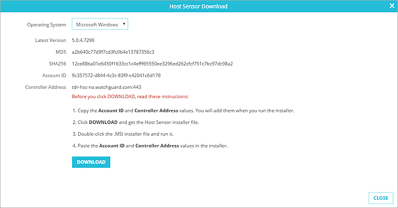 Captura de pantalla del cuadro de diálogo Descarga de Host Sensor