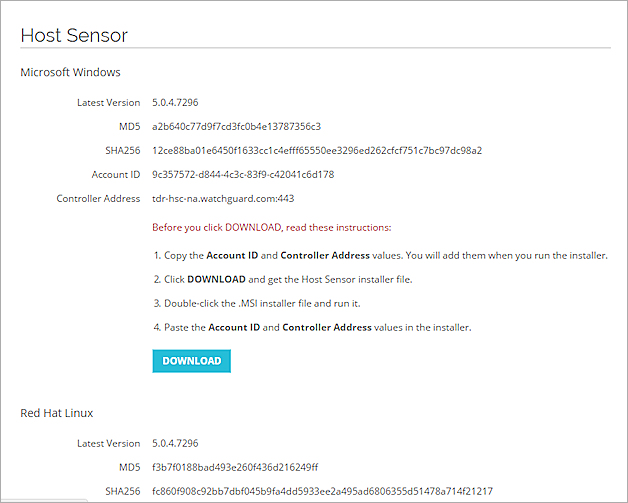 Captura de pantalla de la página Host Sensor